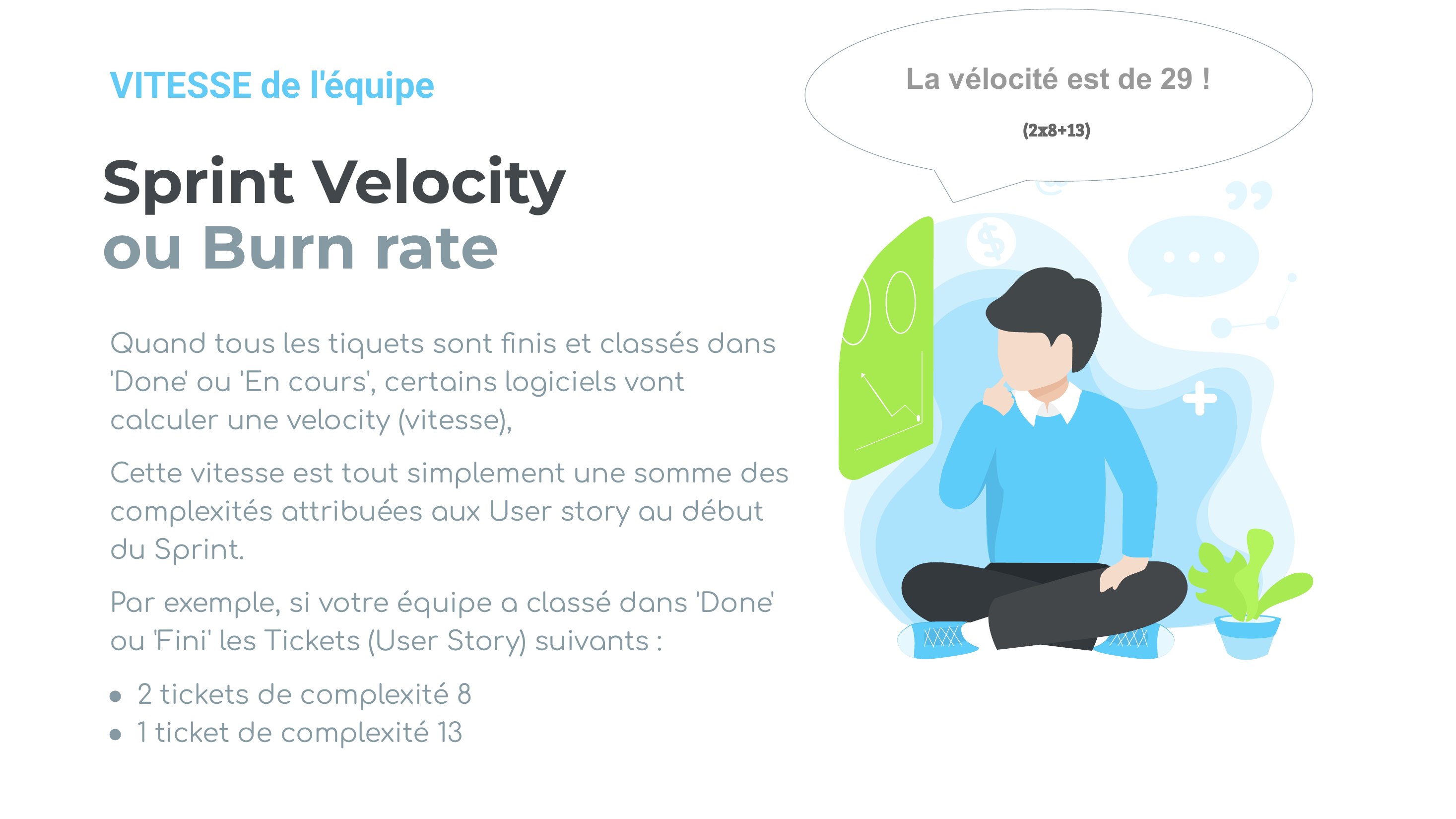 Sprint Velocity ou Burn rate - Quand tous les tiquets sont finis et classés dans 'Done' ou 'En cours', certains logiciels vont calculer une velocity (vitesse), - Cette vitesse est tout simplement une somme des complexités attribuées aux User story au début du Sprint. - Par exemple, si votre équipe a classé dans 'Done' ou 'Fini' les Tickets (User Story) suivants : - 2 tickets de complexité 8 - 1…