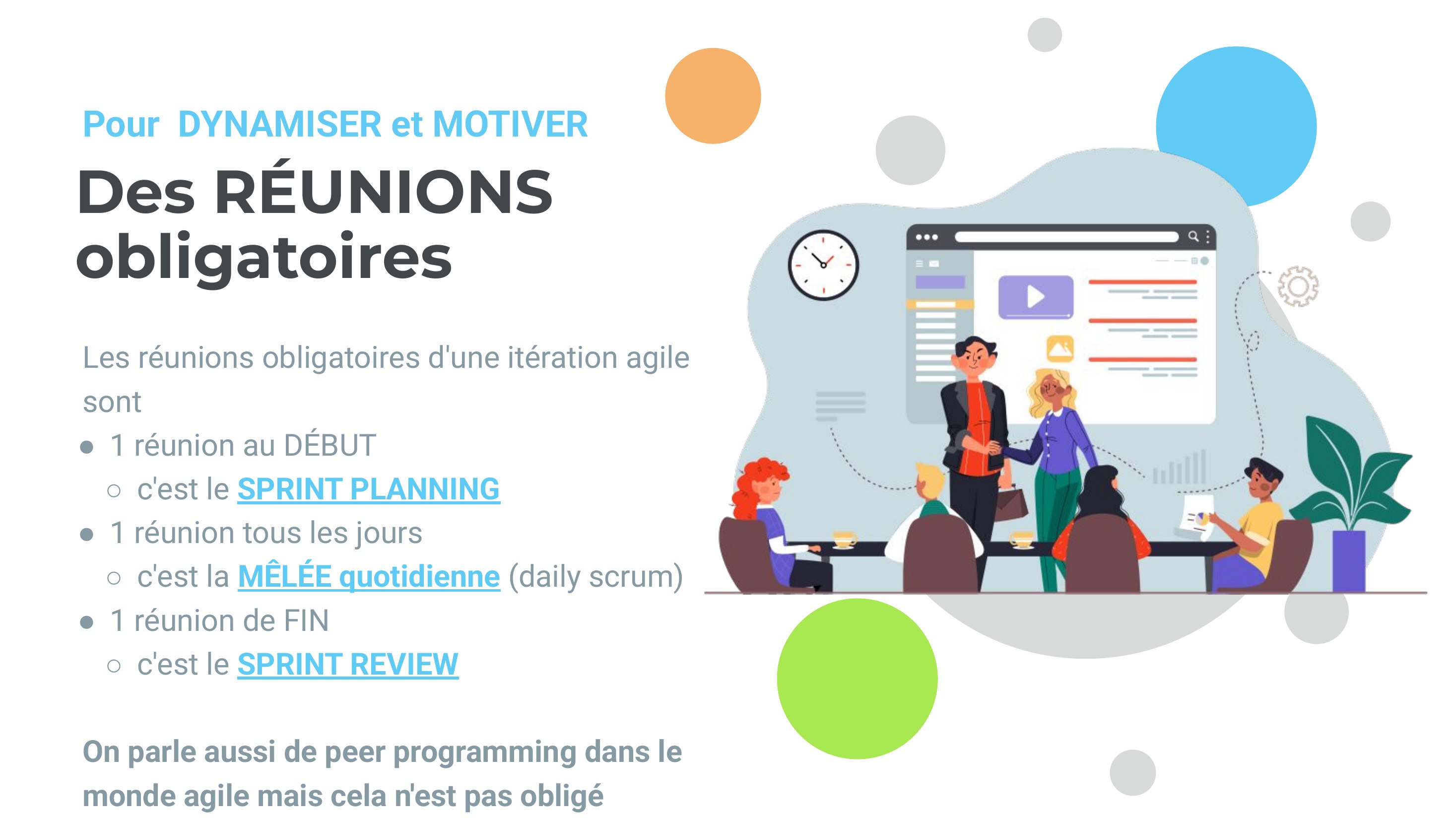 Des RÉUNIONS - obligatoires - Les réunions obligatoires d'une itération agile sont - 1 réunion au DÉBUT - c'est le SPRINT PLANNING - 1 réunion tous les jours - c'est la MÊLÉE quotidienne (daily scrum) - 1 réunion de FIN - c'est le S PRINT REVIEW - On parle aussi de peer programming dans le monde agile mais cela n'est pas obligé - Pour DYNAMISER et MOTIVER