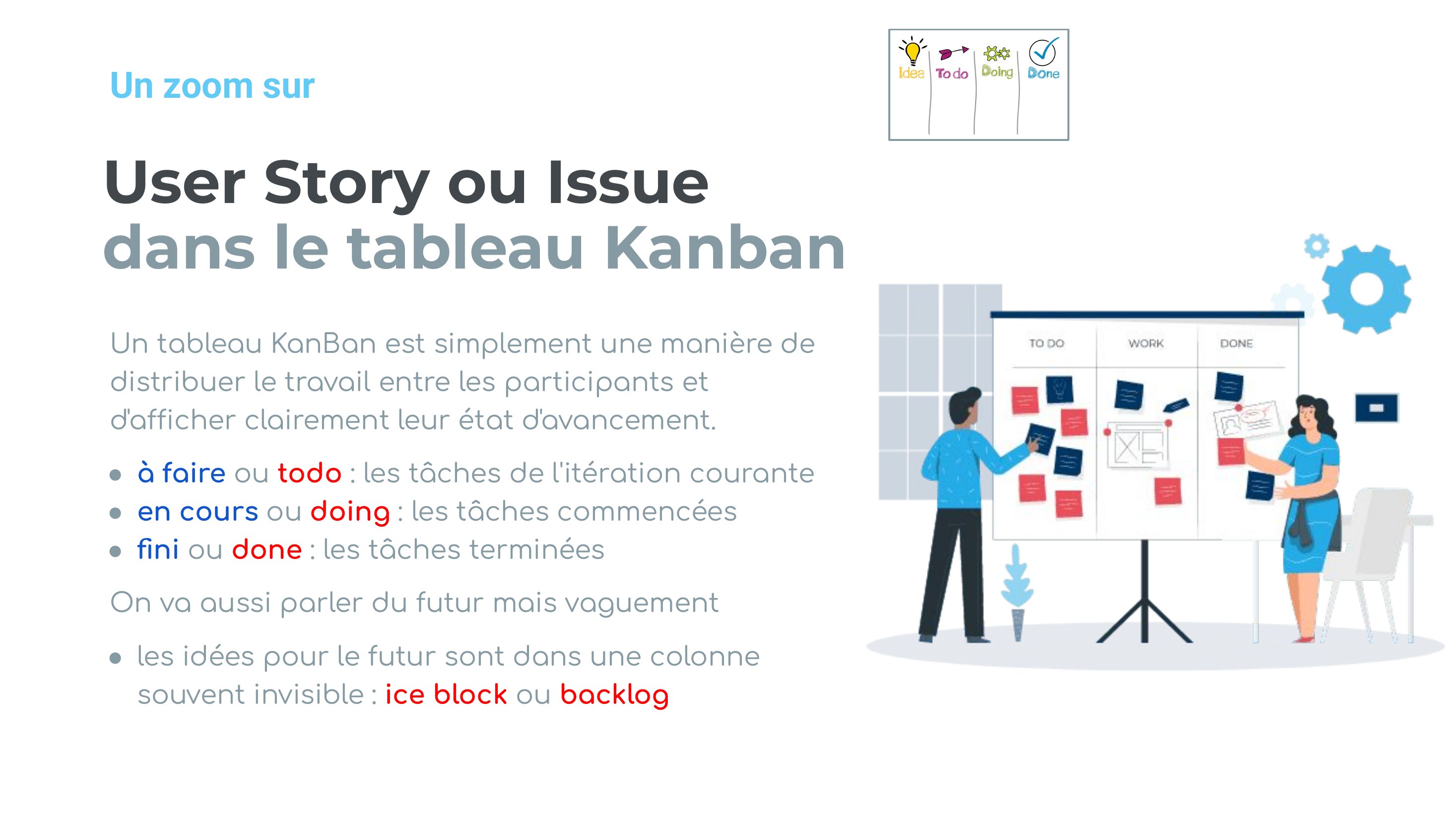 User Story ou Issue dans le tableau Kanban - Un tableau KanBan est simplement une manière de distribuer le travail entre les participants et d'afficher clairement leur état d'avancement. - à faire ou todo : les tâches de l'itération courante - en cours ou doing : les tâches commencées - fini ou done : les tâches terminées - On va aussi parler du futur mais vaguement - les idées pour le futur sont…
