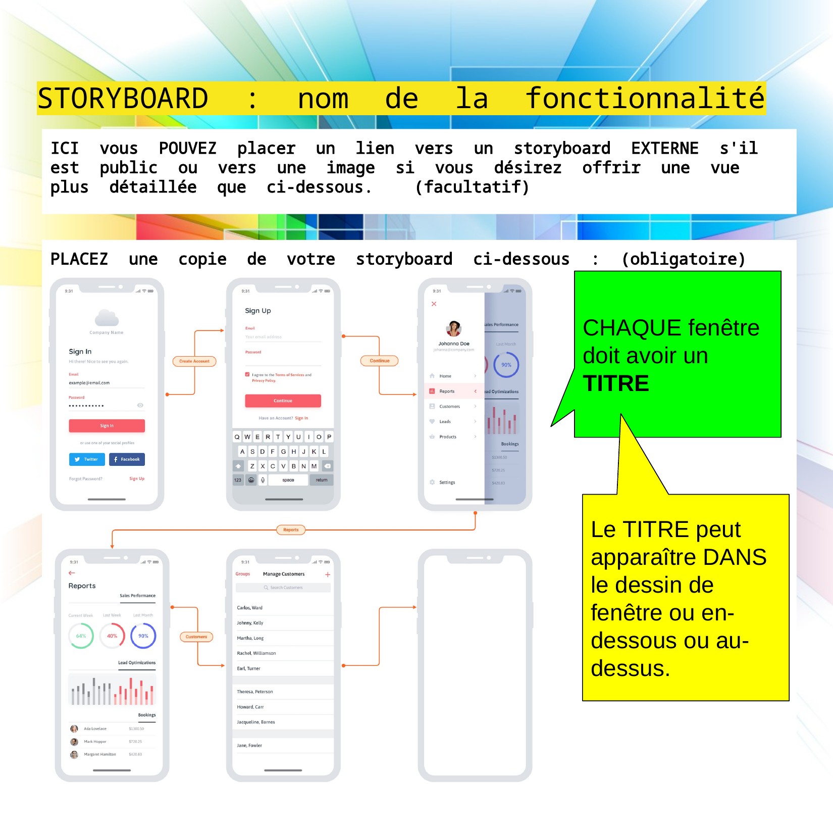 STORYBOARD : nom de la fonctionnalité - La page originale du cours : placez une copie de votre storyboard (obligatoire); un lien vers un storyboard externe ou une image plus détaillée est facultatif. CHAQUE fenêtre doit avoir un TITRE, dans le dessin de la fenêtre, en dessous ou au-dessus. Un storyboard par processus important - au choix avec la FICHE.