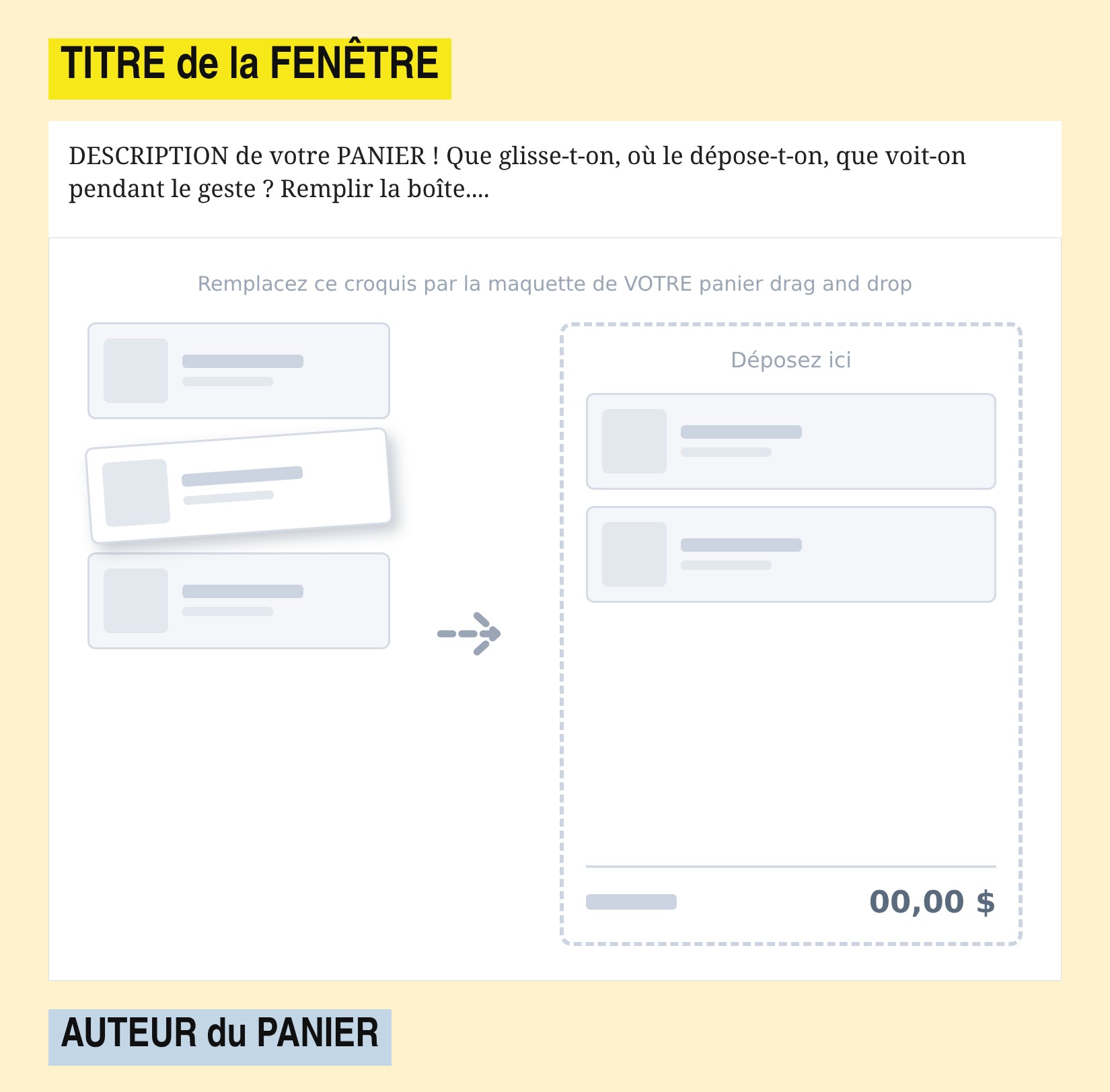 TITRE de la FENÊTRE - DESCRIPTION de votre PANIER ! Que glisse-t-on, où le dépose-t-on, que voit-on pendant le geste ? Remplir la boîte.... - Croquis à remplacer : produits à glisser, zone Déposez ici, total en direct - AUTEUR du PANIER
