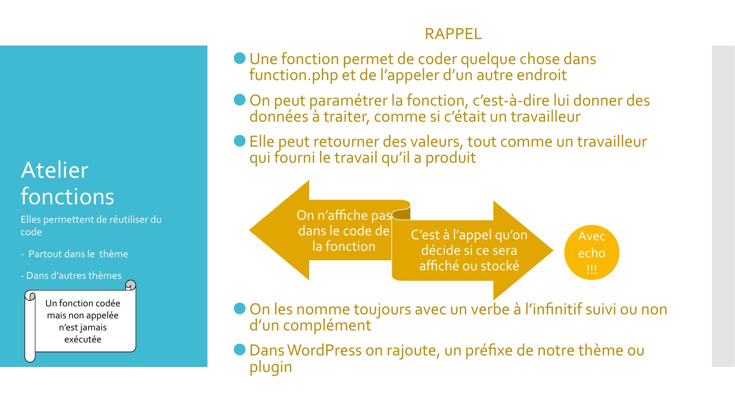 Atelier fonctions - RAPPEL - Une fonction permet de coder quelque chose dans function.php et de l’appeler d’un autre endroit - On peut paramétrer la fonction, c’est-à-dire lui donner des données à traiter, comme si c’était un travailleur - Elle peut retourner des valeurs, tout comme un travailleur qui fourni le travail qu’il a produit - On les nomme toujours avec un verbe à l’infinitif suivi ou…