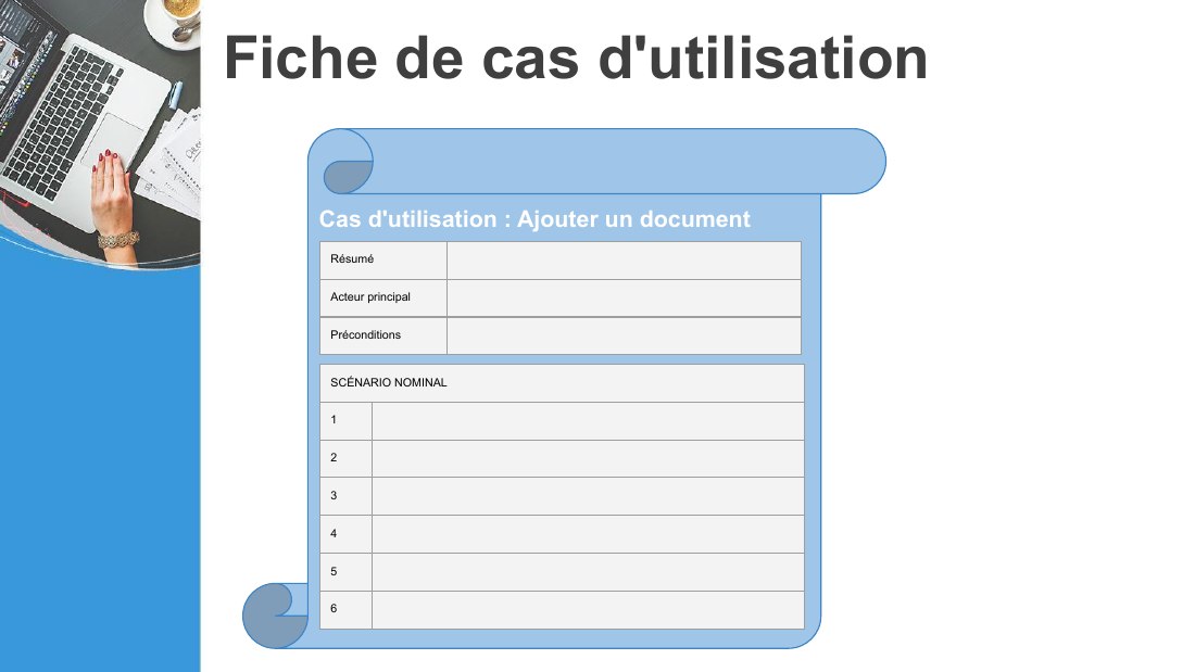 Fiche de cas d'utilisation - Cas d'utilisation : Ajouter un document - Résumé - Acteur principal - Préconditions - SCÉNARIO NOMINAL - 1 - 2 - 3 - 4 - 5 - 6