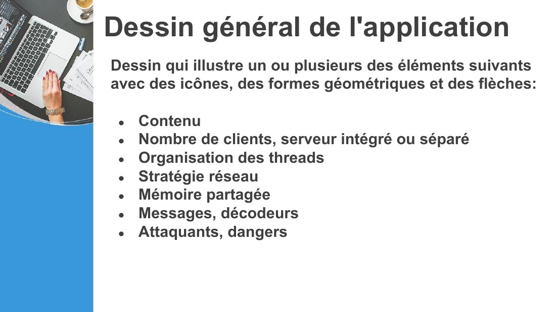 Dessin général de l'application - Dessin qui illustre un ou plusieurs des éléments suivants avec des icônes, des formes géométriques et des flèches: - Contenu - Nombre de clients, serveur intégré ou séparé - Organisation des threads - Stratégie réseau - Mémoire partagée - Messages, décodeurs - Attaquants, dangers