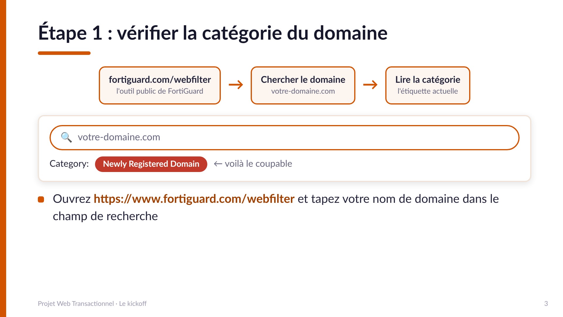 Étape 1, vérifier la catégorie du domaine : ouvrir fortiguard.com/webfilter, chercher votre-domaine.com et lire la catégorie affichée, par exemple Newly Registered Domain.