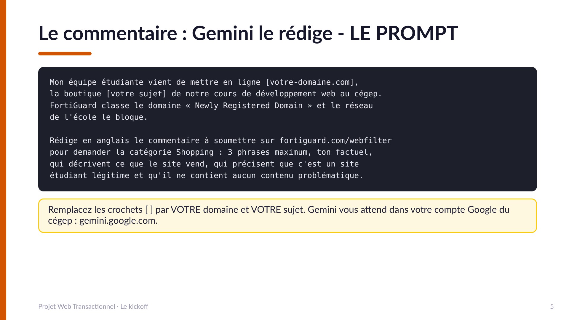Le commentaire, Gemini le rédige - le prompt : décrire son domaine et sa boutique étudiante à Gemini et lui demander un commentaire en anglais de 3 phrases maximum, ton factuel, pour demander la catégorie Shopping sur fortiguard.com/webfilter.