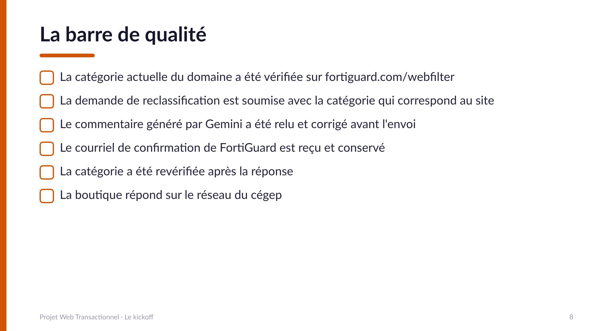 La barre de qualité : catégorie vérifiée, demande soumise avec la bonne catégorie, commentaire de Gemini relu et corrigé, courriel de confirmation conservé, catégorie revérifiée, boutique qui répond sur le réseau du cégep.