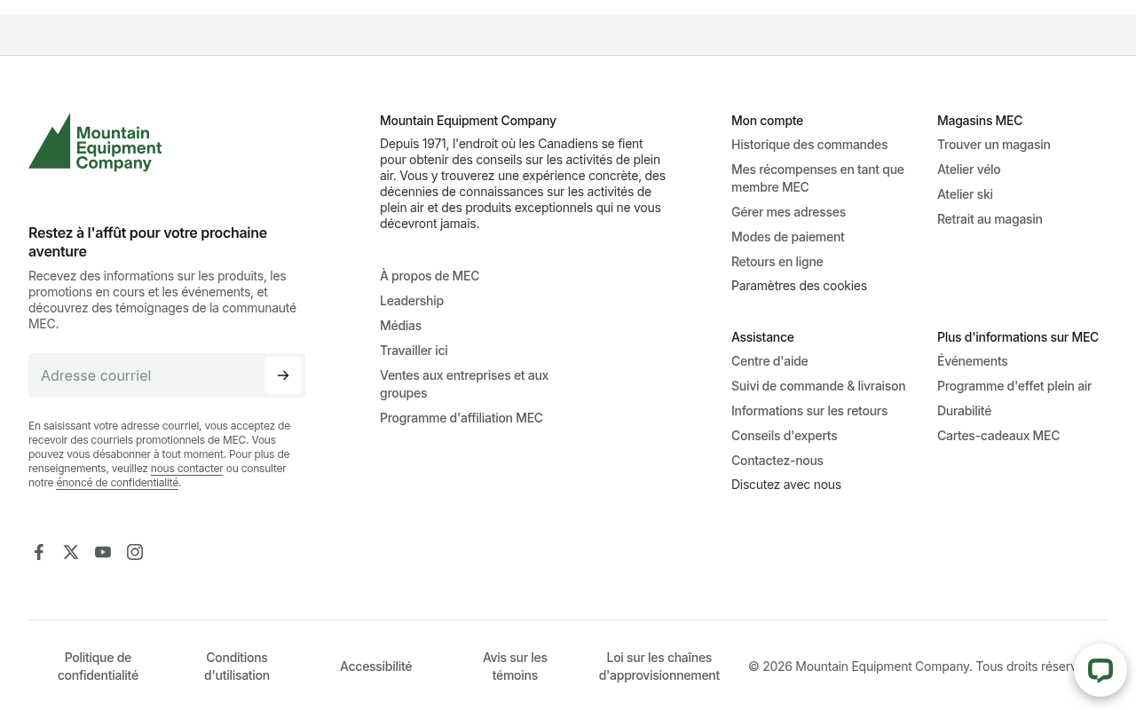 Pied de page de MEC en français : formulaire d'infolettre avec mention de consentement