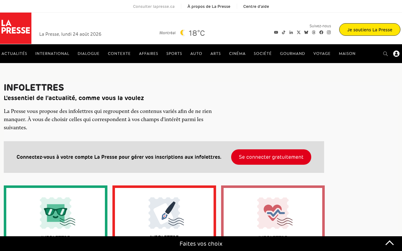 Page des infolettres de La Presse : choix par champs d'intérêt