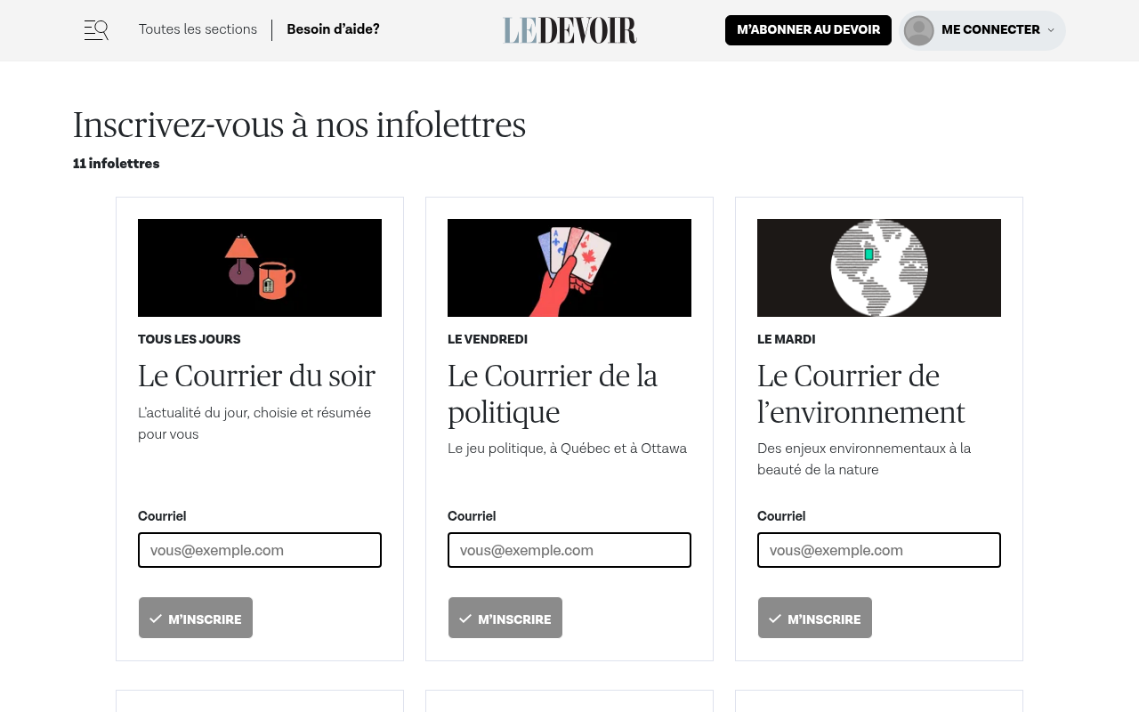 Page d'inscription aux infolettres du Devoir : cartes avec cadence et promesse