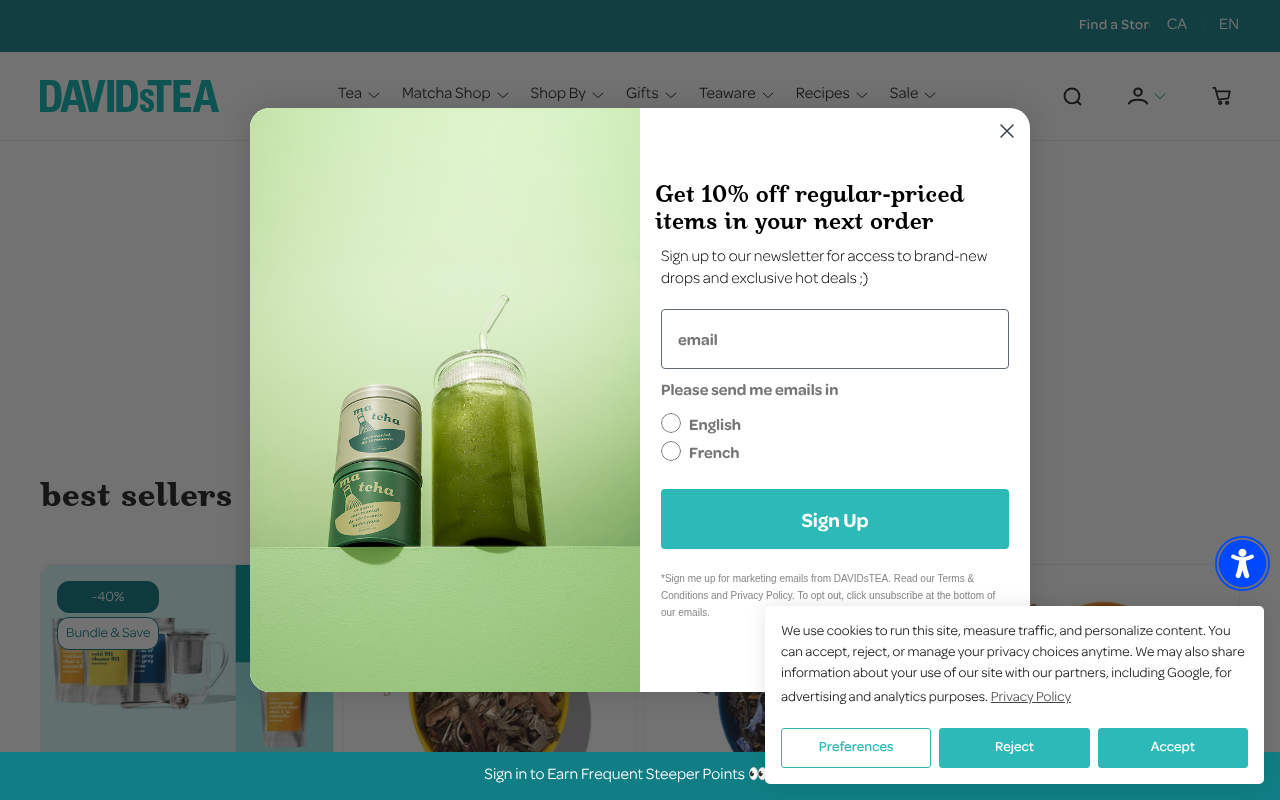 Pop-up de DAVIDsTEA : 10 % de rabais et choix de la langue des courriels