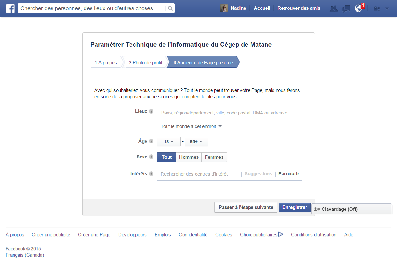 Facebook étape 3 : audience de page préférée, champs vides