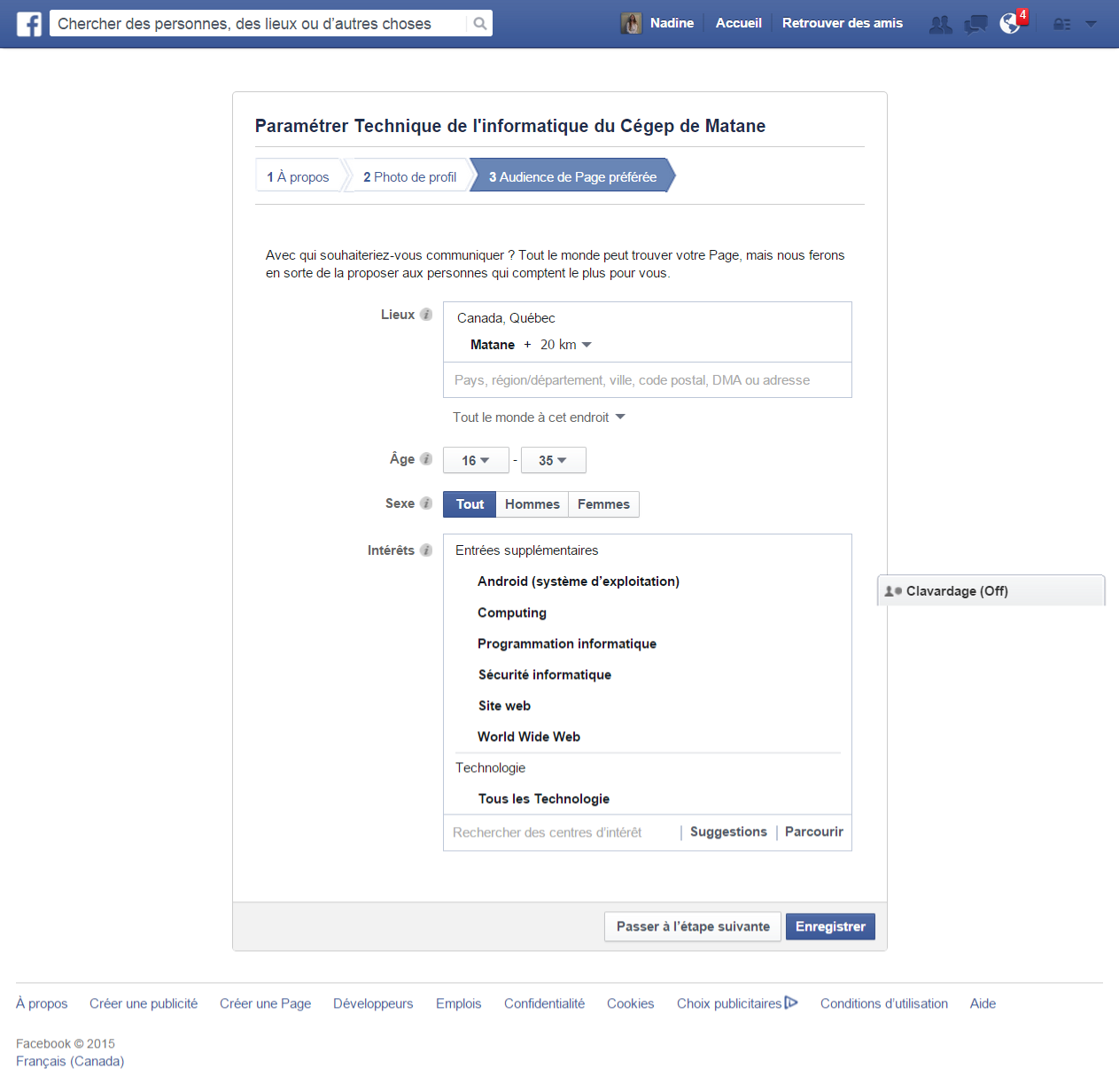 Facebook étape 3 remplie : audience ciblée