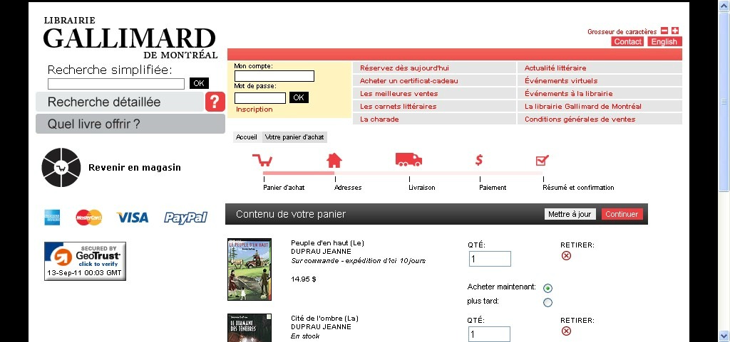 Librairie Gallimard : fil d'ariane du panier en pictogrammes
