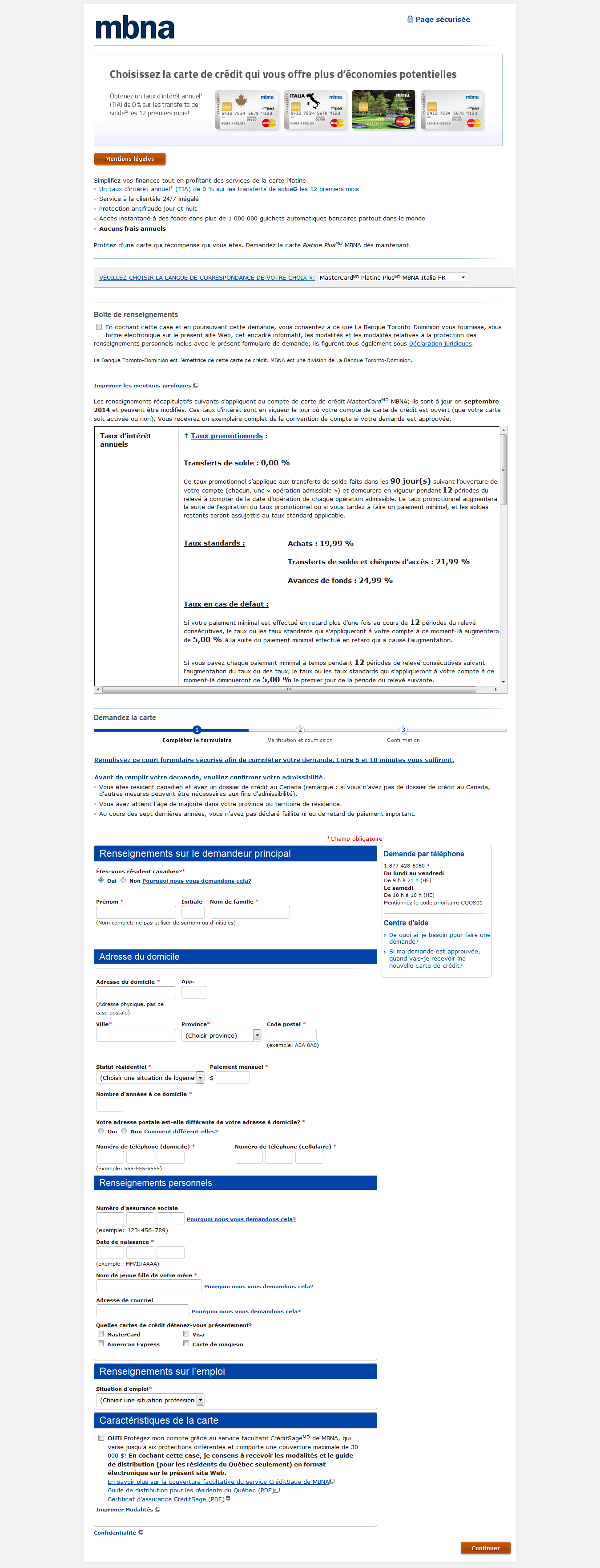MBNA : formulaire long en une page avec wizard en trois points