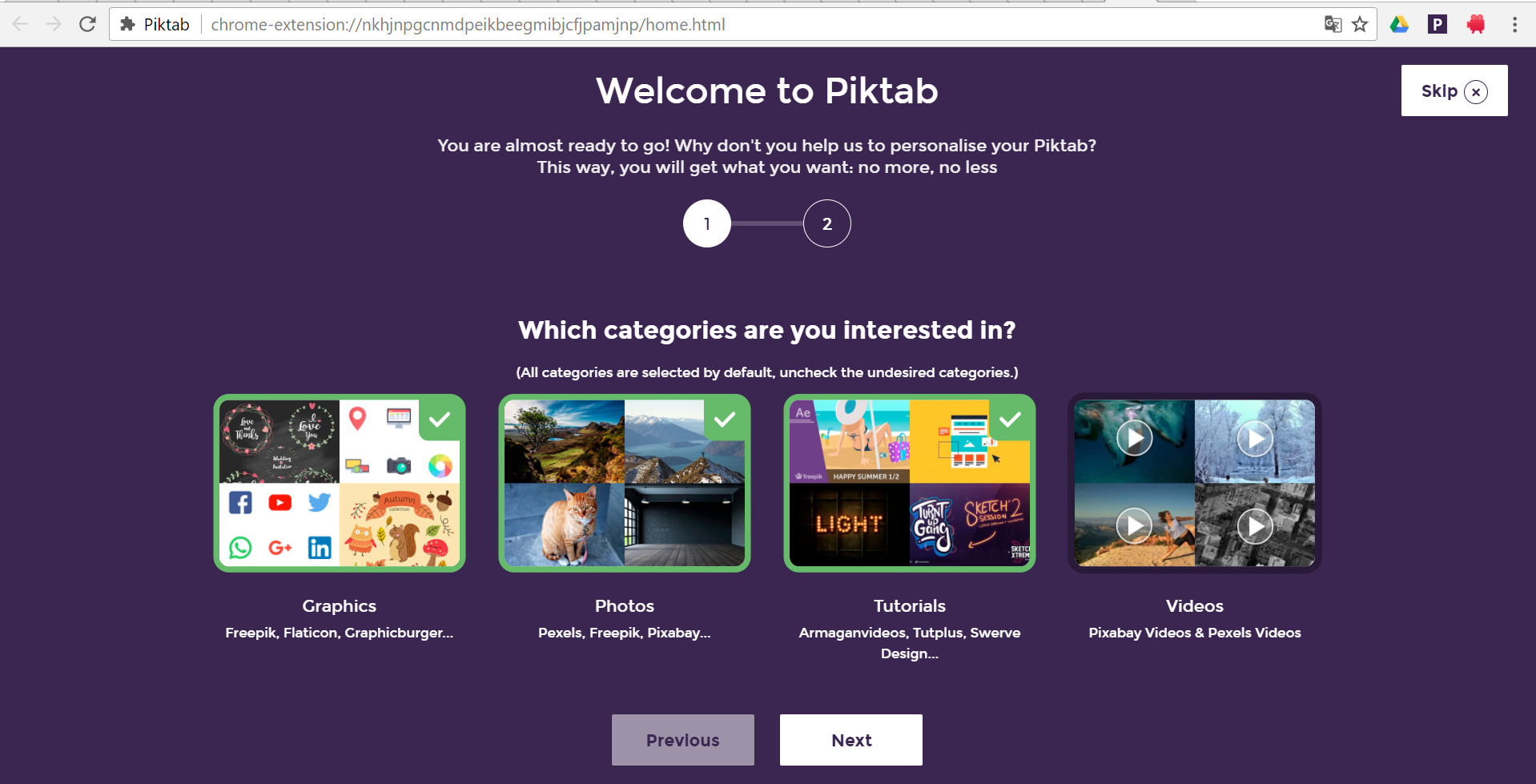 Piktab étape 1 : choisir ses catégories