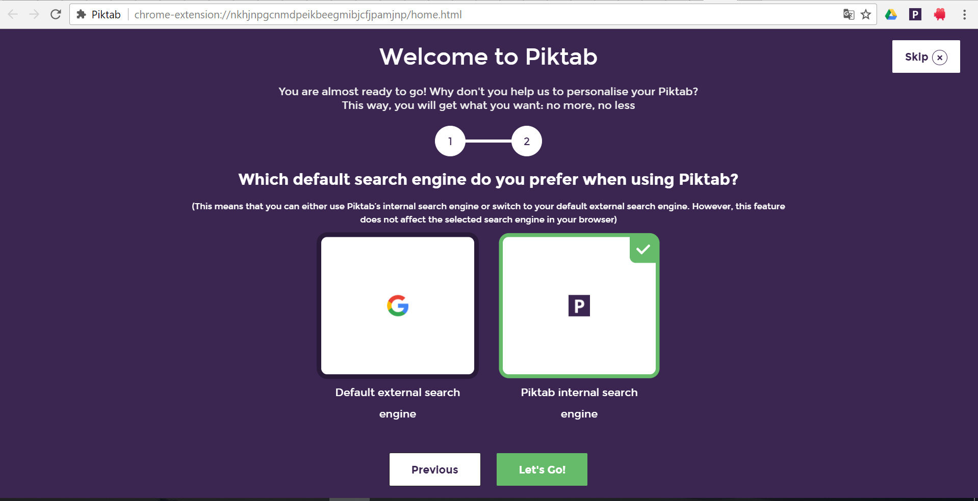 Piktab étape 2 : choisir le moteur de recherche
