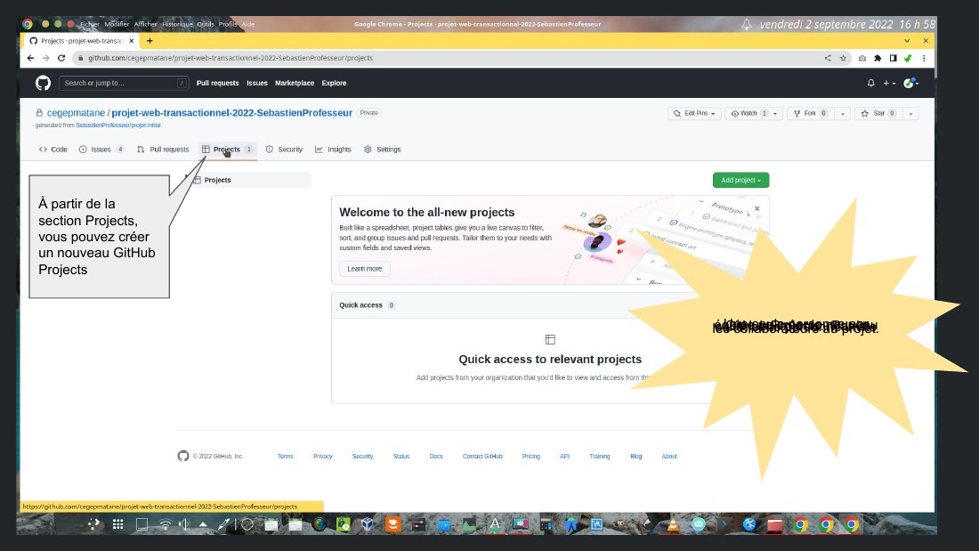 À partir de la section Projects, vous pouvez créer un nouveau GitHub Projects - Une seule personne par équipe va créer le nouveau GitHub Projects. Par la suite, cette personne invite les collaborateurs au projet.
