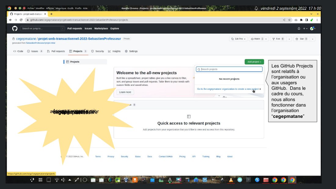 Les GitHub Projects sont relatifs à l’organisation ou aux usagers GitHub. Dans le cadre du cours, nous allons fonctionner dans l’organisation “ cegepmatane ” - Assurez-vous d’avoir accepté l’invitation pour devenir membre de l’organisation “ cegepmatane ” avant d’aller plus loin.