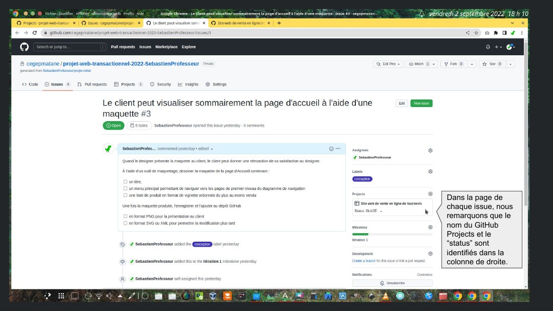 Dans la page de chaque issue, nous remarquons que le nom du GitHub Projects et le “status” sont identifiés dans la colonne de droite.