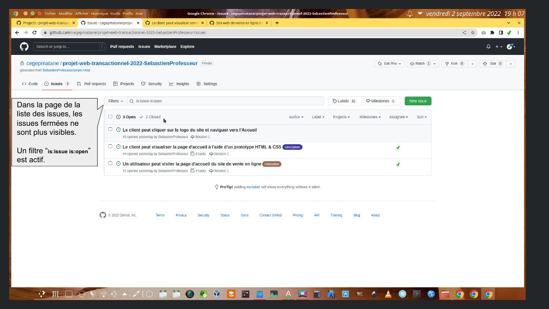Dans la page de la liste des issues, les issues fermées ne sont plus visibles. Un filtre “ is:issue is:open ” est actif.