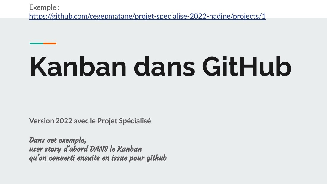 Première diapositive du diaporama Kanban dans Github