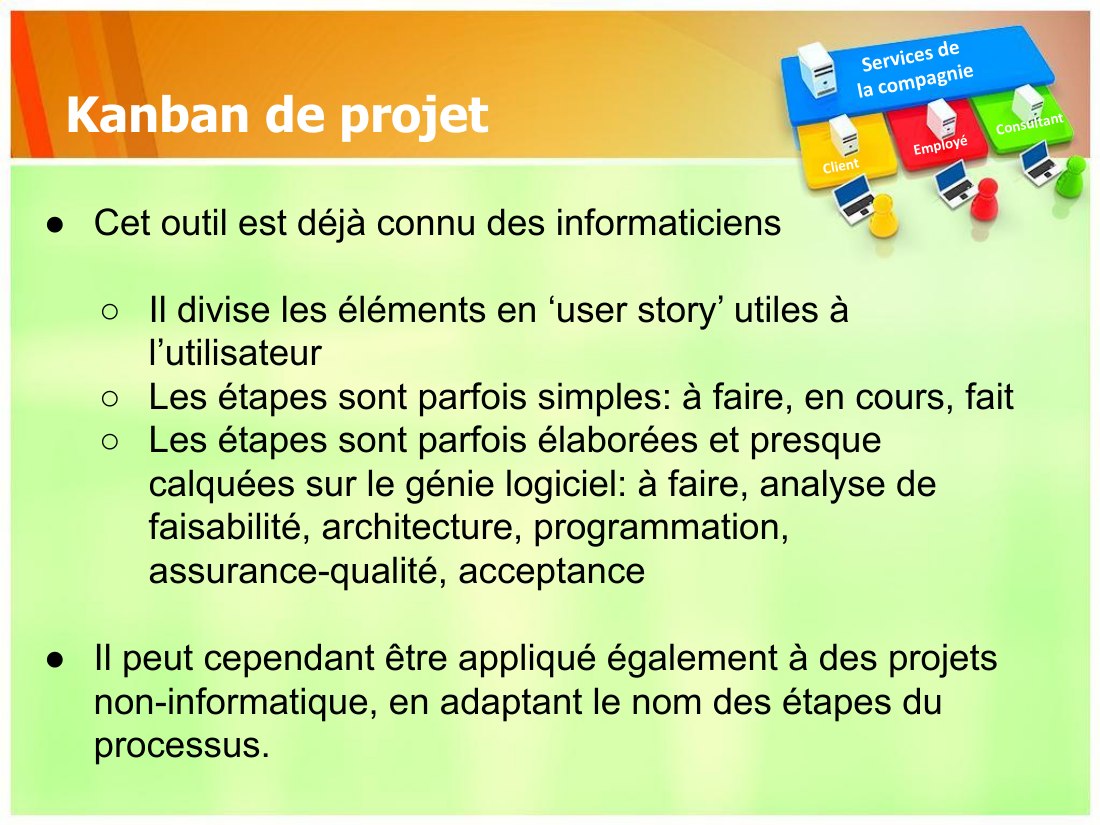 Kanban de projet - Services de - la compagnie - Client - Employé - Consultant - Cet outil est déjà connu des informaticiens - Il divise les éléments en ‘user story’ utiles à l’utilisateur - Les étapes sont parfois simples: à faire, en cours, fait - Les étapes sont parfois élaborées et presque calquées sur le génie logiciel: à faire, analyse de faisabilité, architecture, programmation,…