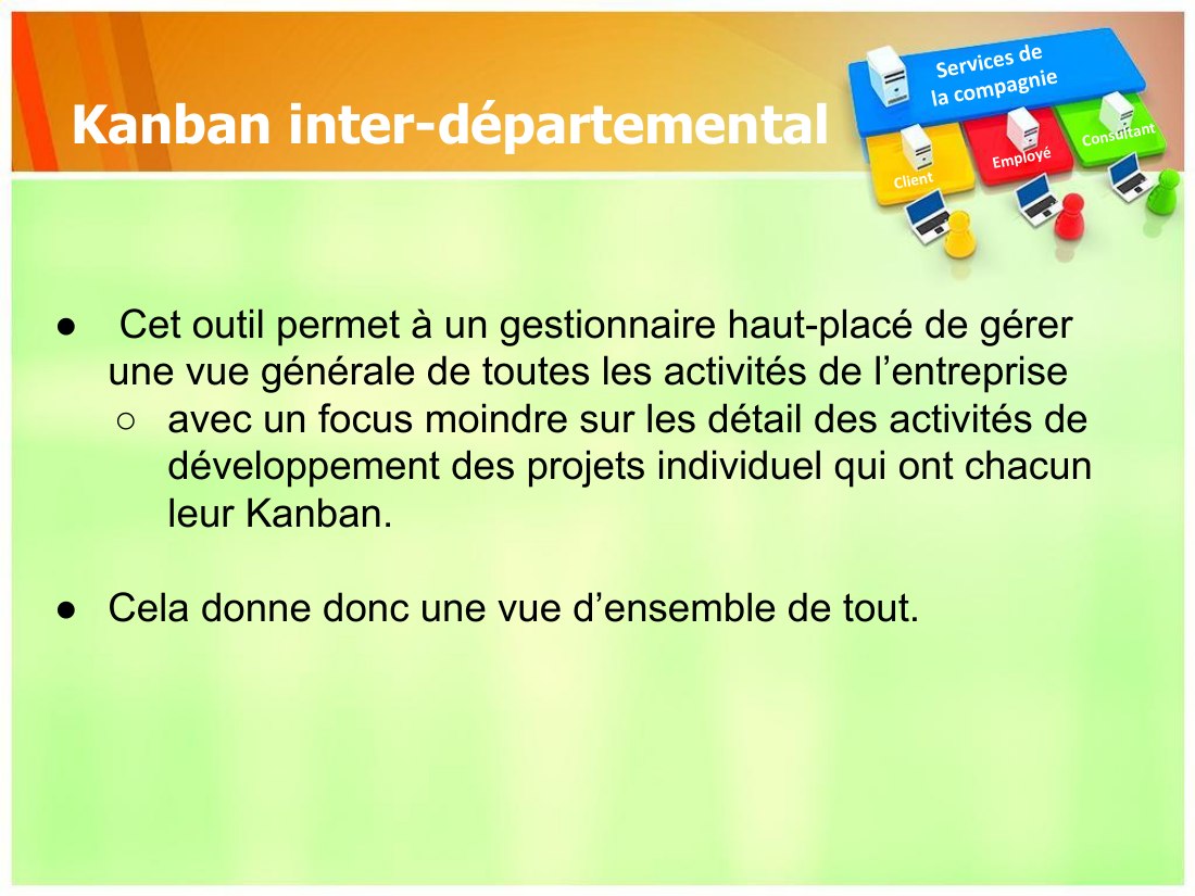 Kanban inter-départemental - Services de - la compagnie - Client - Employé - Consultant - Cet outil permet à un gestionnaire haut-placé de gérer une vue générale de toutes les activités de l’entreprise - avec un focus moindre sur les détail des activités de développement des projets individuel qui ont chacun leur Kanban. - Cela donne donc une vue d’ensemble de tout.