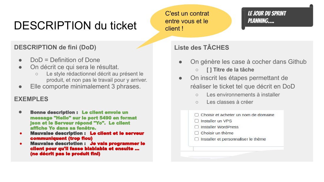 DESCRIPTION du ticket - DESCRIPTION de fini (DoD) - DoD = Definition of Done - On décrit ce qui sera le résultat. - Le style rédactionnel décrit au présent le produit, et non pas le travail pour y arriver. - Elle comporte minimalement 3 phrases. - EXEMPLES - Bonne description : Le client envoie un message "Hello" sur le port 5490 en format json et le Serveur répond "Yo". Le client affiche Yo dans…
