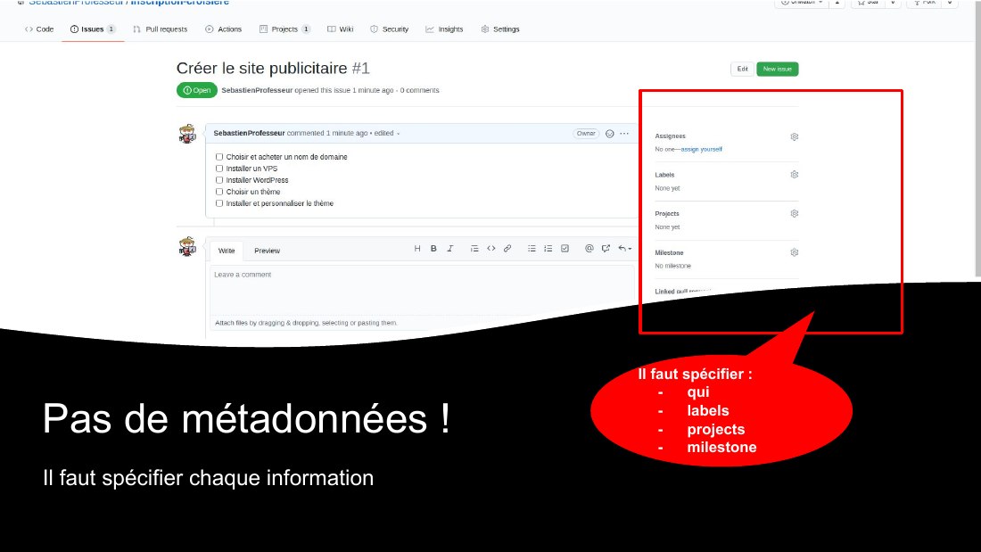 Pas de métadonnées ! - Il faut spécifier chaque information - Il faut spécifier : - qui - labels - projects - milestone