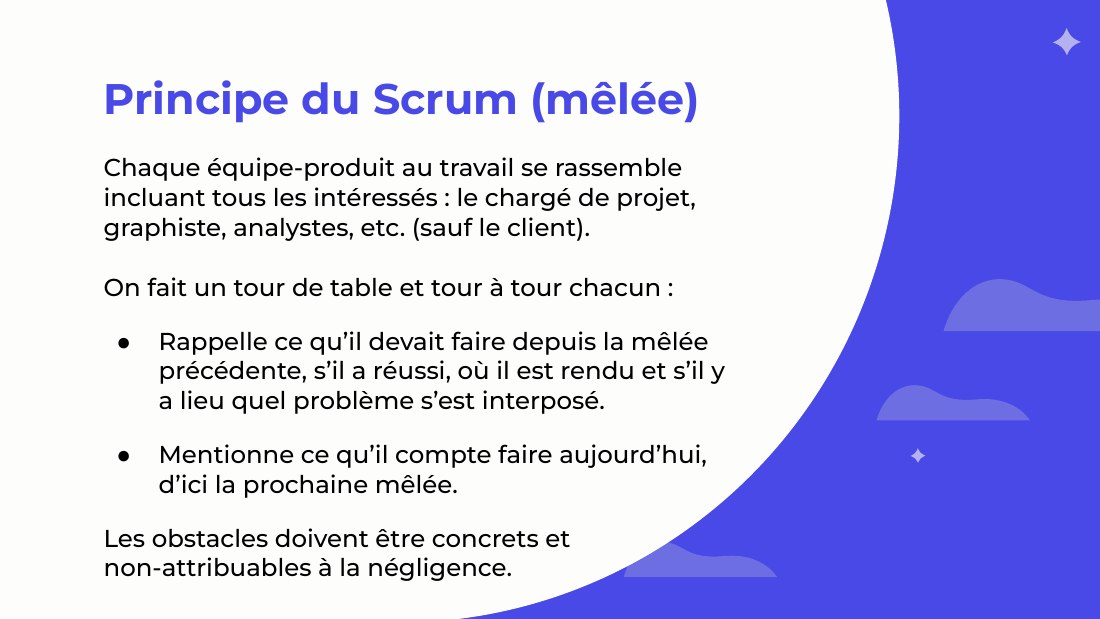 Principe du Scrum (mêlée) - Chaque équipe-produit au travail se rassemble incluant tous les intéressés : le chargé de projet, graphiste, analystes, etc. (sauf le client). - On fait un tour de table et tour à tour chacun : - Rappelle ce qu’il devait faire depuis la mêlée précédente, s’il a réussi, où il est rendu et s’il y a lieu quel problème s’est interposé. - Mentionne ce qu’il compte faire…