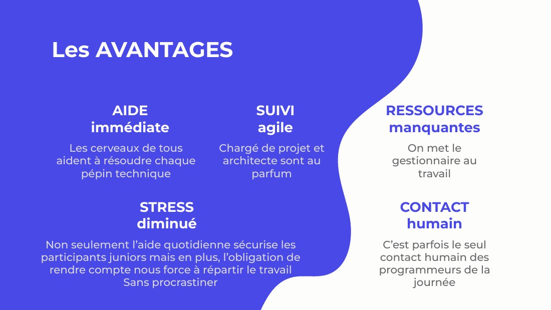 Les AVANTAGES - SUIVI agile - Chargé de projet et architecte sont au parfum - RESSOURCES - manquantes - On met le gestionnaire au travail - AIDE immédiate - Les cerveaux de tous aident à résoudre chaque pépin technique - STRESS - diminué - Non seulement l’aide quotidienne sécurise les participants juniors mais en plus, l’obligation de rendre compte nous force à répartir le travail - Sans…
