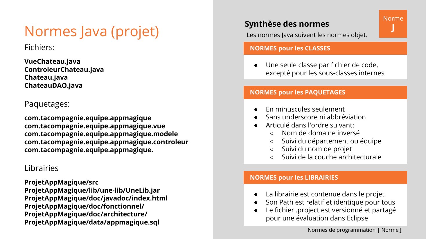 Normes de programmation | Norme J - Normes Java (projet) - NORMES pour les CLASSES - Une seule classe par fichier de code, excepté pour les sous-classes internes - NORMES pour les PAQUETAGES - En minuscules seulement - Sans underscore ni abbréviation - Articulé dans l'ordre suivant: - Nom de domaine inversé - Suivi du département ou équipe - Suivi du nom de projet - Suivi de la couche…