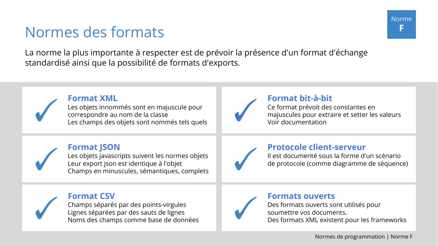 Normes de programmation | Norme F - Normes des formats - Norme - F - Format JSON - Les objets javascripts suivent les normes objets - Leur export json est identique à l'objet - Champs en minuscules, sémantiques, complets - Protocole client-serveur - Il est documenté sous la forme d'un scénario de protocole (comme diagramme de séquence) - Format CSV - Champs séparés par des points-virgules -…