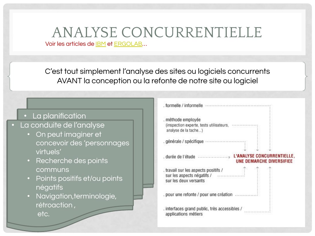 ANALYSE CONCURRENTIELLE - C’est tout simplement l’analyse des sites ou logiciels concurrents AVANT la conception ou la refonte de notre site ou logiciel - La planification - La planification - Déterminer le contexte - Déterminer la liste des concurrents - Déterminer la liste des questions à poser - La conduite de l’analyse - La conduite de l’analyse - On peut imaginer et concevoir des…