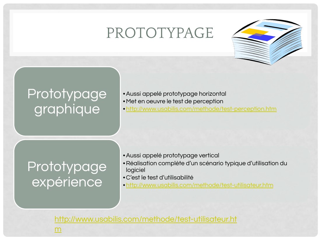 PROTOTYPAGE - Aussi appelé prototypage horizontal - Met en oeuvre le test de perception - http://www.usabilis.com/methode/test-perception.htm - Prototypage graphique - Aussi appelé prototypage vertical - Réalisation complète d’un scénario typique d’utilisation du logiciel - C’est le test d’utilisabilité - http://www.usabilis.com/methode/test-utilisateur.htm - Prototypage expérience -…