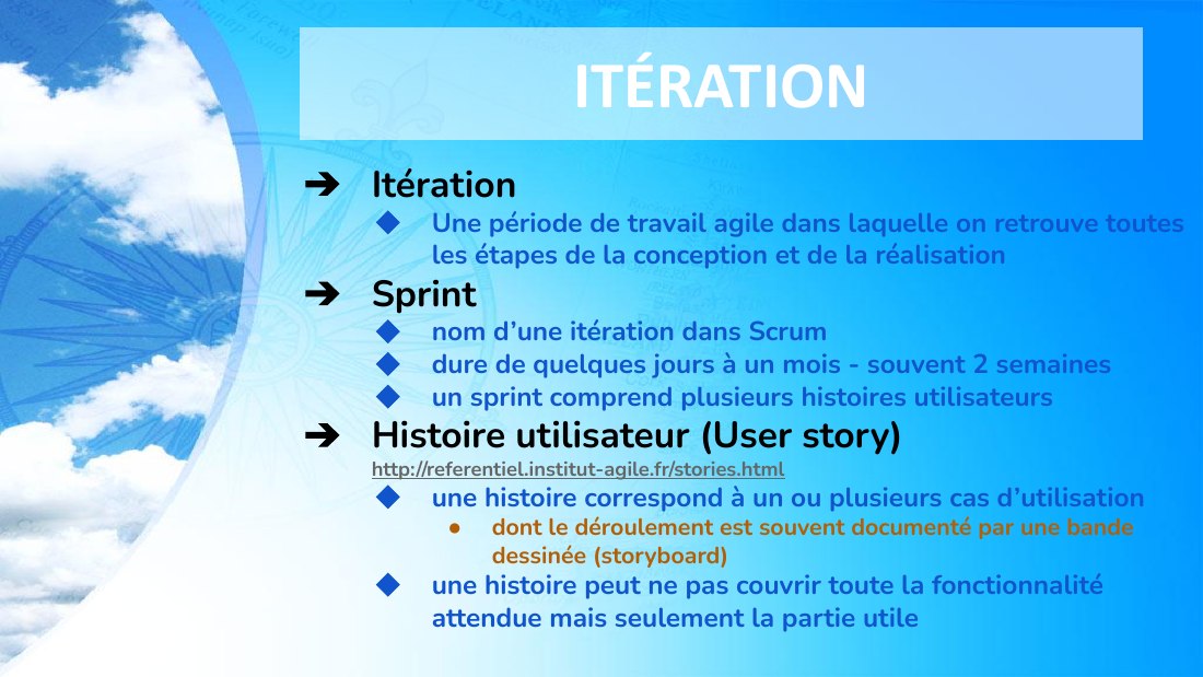 ITÉRATION - Itération - Une période de travail agile dans laquelle on retrouve toutes les étapes de la conception et de la réalisation - Sprint - nom d’une itération dans Scrum - dure de quelques jours à un mois - souvent 2 semaines - un sprint comprend plusieurs histoires utilisateurs - Histoire utilisateur (User story) http://referentiel.institut-agile.fr/stories.html - une histoire correspond…