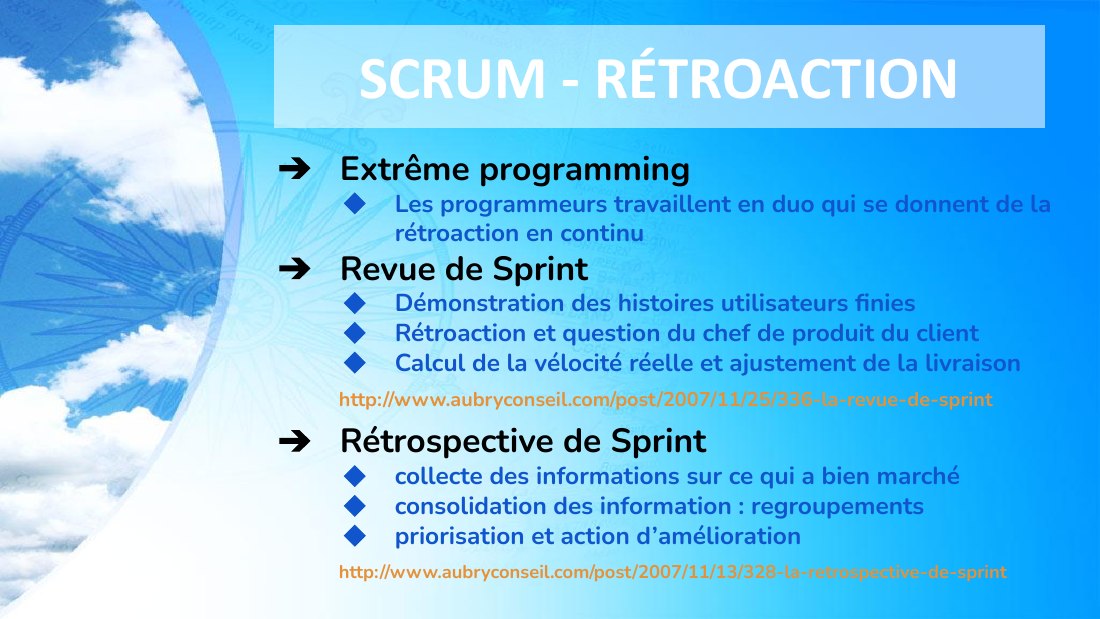 SCRUM - RÉTROACTION - Extrême programming - Les programmeurs travaillent en duo qui se donnent de la rétroaction en continu - Revue de Sprint - Démonstration des histoires utilisateurs finies - Rétroaction et question du chef de produit du client - Calcul de la vélocité réelle et ajustement de la livraison - http://www.aubryconseil.com/post/2007/11/25/336-la-revue-de-sprint - Rétrospective de…