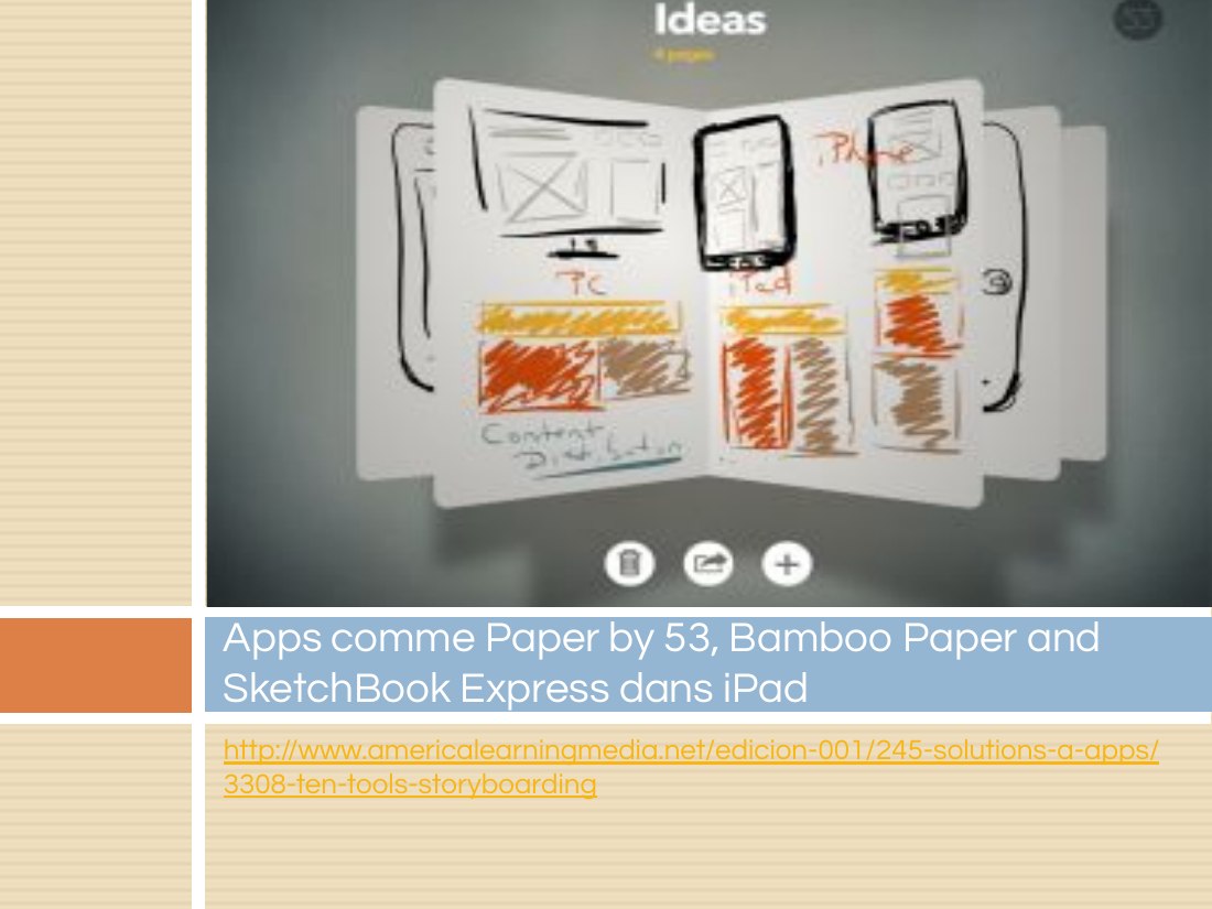 http://www.americalearningmedia.net/edicion-001/245-solutions-a-apps/3308-ten-tools-storyboarding - Apps comme Paper by 53, Bamboo Paper and SketchBook Express dans iPad