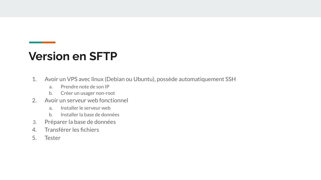 Version en SFTP - Avoir un VPS avec linux (Debian ou Ubuntu), possède automatiquement SSH - Prendre note de son IP - Créer un usager non-root - Avoir un serveur web fonctionnel - Installer le serveur web - Installer la base de données - Préparer la base de données - Transférer les fichiers - Tester