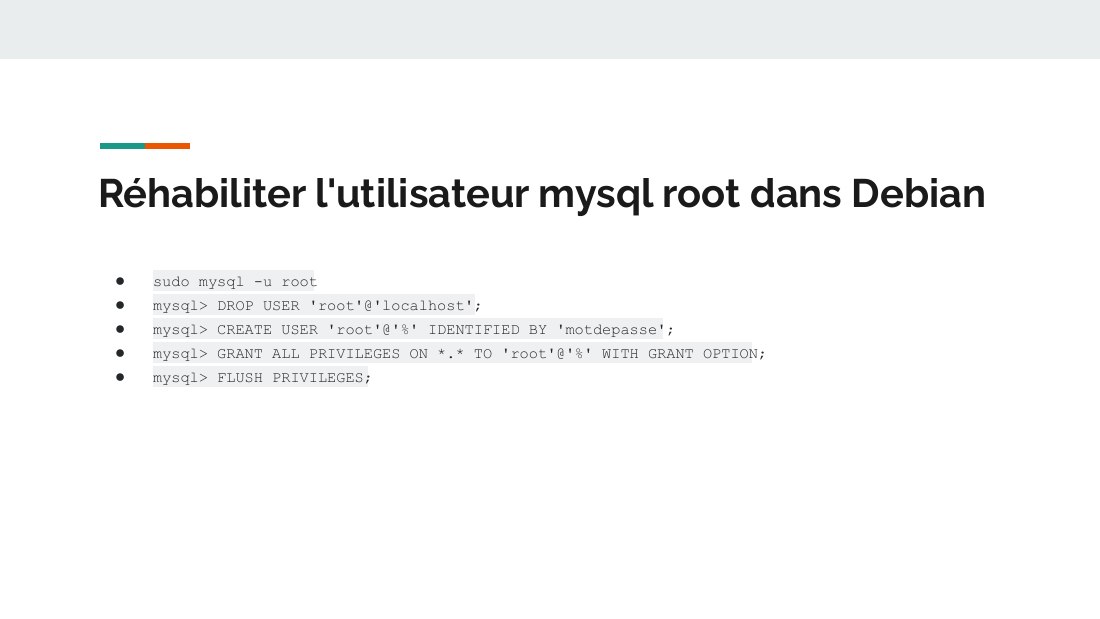 Réhabiliter l'utilisateur mysql root dans Debian - sudo mysql -u root - mysql> DROP USER 'root'@'localhost'; - mysql> CREATE USER 'root'@'%' IDENTIFIED BY 'motdepasse'; - mysql> GRANT ALL PRIVILEGES ON *.* TO 'root'@'%' WITH GRANT OPTION; - mysql> FLUSH PRIVILEGES;