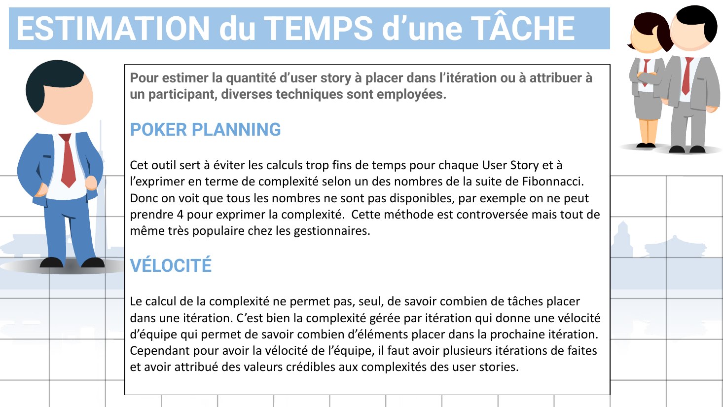 ESTIMATION du TEMPS d’une TÂCHE - Pour estimer la quantité d’user story à placer dans l’itération ou à attribuer à un participant, diverses techniques sont employées. - POKER PLANNING - Cet outil sert à éviter les calculs trop fins de temps pour chaque User Story et à l’exprimer en terme de complexité selon un des nombres de la suite de Fibonnacci. Donc on voit que tous les nombres ne sont pas…