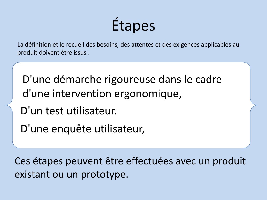 Étapes - D'une démarche rigoureuse dans le cadre d'une intervention ergonomique, - La définition et le recueil des besoins, des attentes et des exigences applicables au produit doivent être issus : - D'une enquête utilisateur, - D'un test utilisateur. - Ces étapes peuvent être effectuées avec un produit existant ou un prototype.