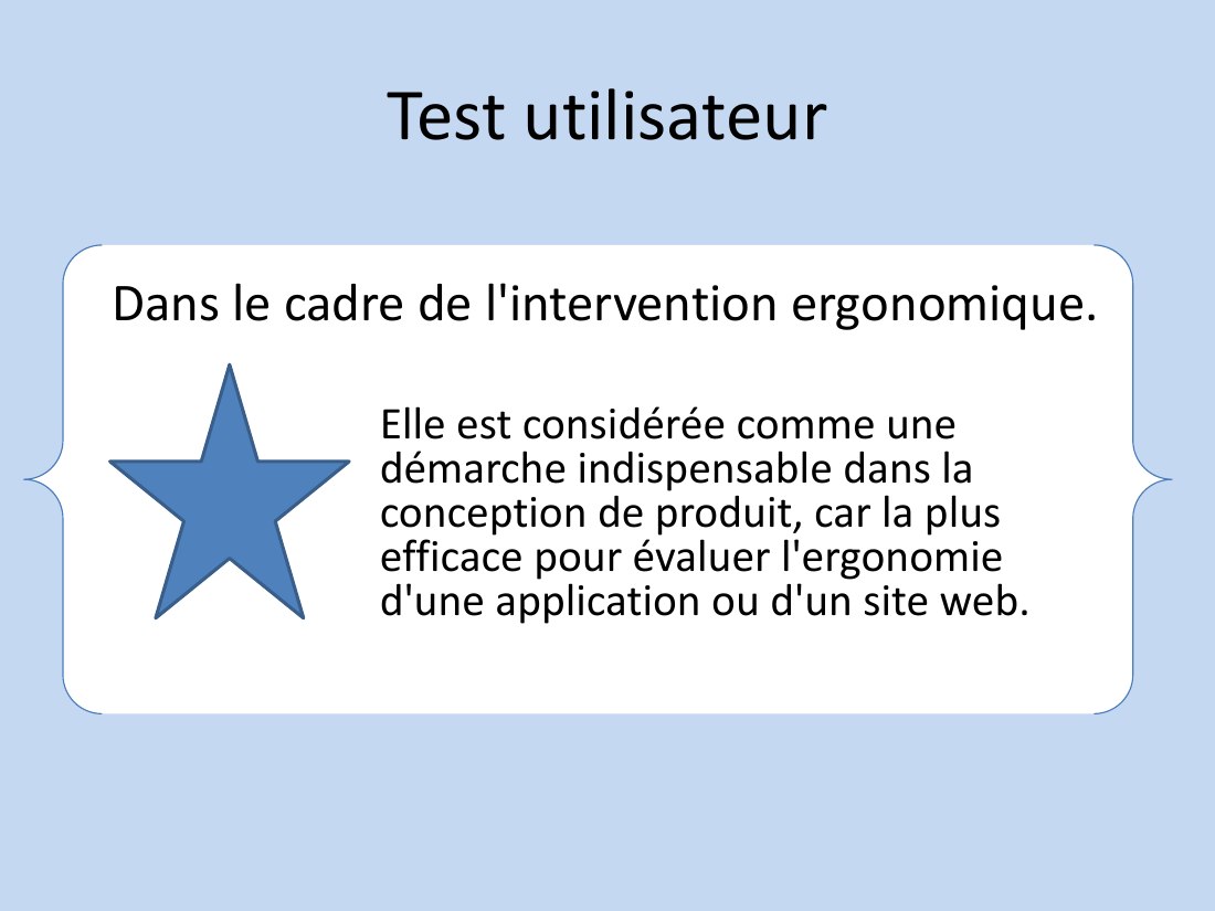 Test utilisateur - Dans le cadre de l'intervention ergonomique. - Elle est considérée comme une démarche indispensable dans la conception de produit, car la plus efficace pour évaluer l'ergonomie d'une application ou d'un site web.