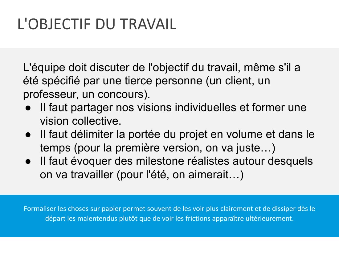 L'OBJECTIF DU TRAVAIL - Formaliser les choses sur papier permet souvent de les voir plus clairement et de dissiper dès le départ les malentendus plutôt que de voir les frictions apparaître ultérieurement. - L'équipe doit discuter de l'objectif du travail, même s'il a été spécifié par une tierce personne (un client, un professeur, un concours). - Il faut partager nos visions individuelles et…