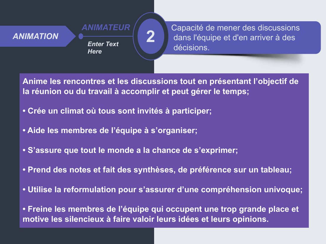 Capacité de mener des discussions - dans l'équipe et d'en arriver à des - décisions. - 2 - ANIMATEUR - Enter Text Here - ANIMATION - Anime les rencontres et les discussions tout en présentant l’objectif de la réunion ou du travail à accomplir et peut gérer le temps; - • Crée un climat où tous sont invités à participer; - • Aide les membres de l’équipe à s’organiser; - • S’assure que tout le monde…