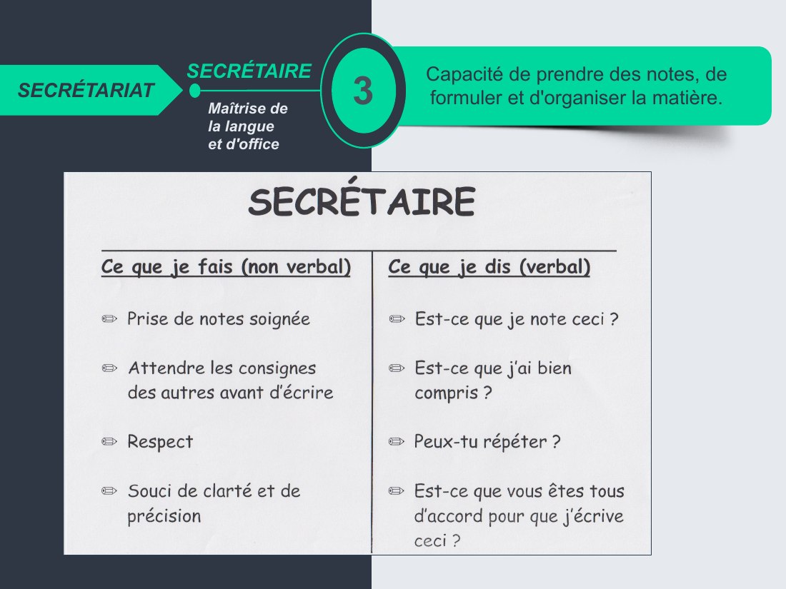 Capacité de prendre des notes, de formuler et d'organiser la matière. - 3 - SECRÉTAIRE - Maîtrise de la langue et d'office - SECRÉTARIAT