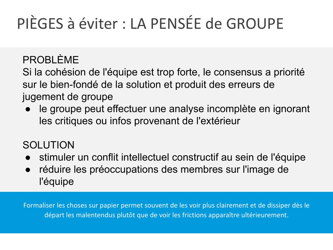 PIÈGES à éviter : LA PENSÉE de GROUPE - Formaliser les choses sur papier permet souvent de les voir plus clairement et de dissiper dès le départ les malentendus plutôt que de voir les frictions apparaître ultérieurement. - PROBLÈME - Si la cohésion de l'équipe est trop forte, le consensus a priorité sur le bien-fondé de la solution et produit des erreurs de jugement de groupe - le groupe peut…
