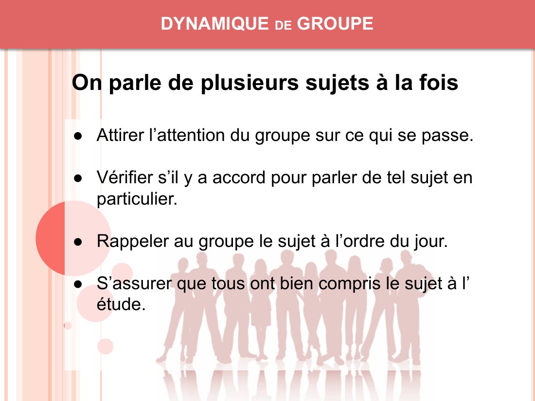 DYNAMIQUE de GROUPE - Attirer l’attention du groupe sur ce qui se passe. - Vérifier s’il y a accord pour parler de tel sujet en particulier. - Rappeler au groupe le sujet à l’ordre du jour. - S’assurer que tous ont bien compris le sujet à l’étude. - On parle de plusieurs sujets à la fois