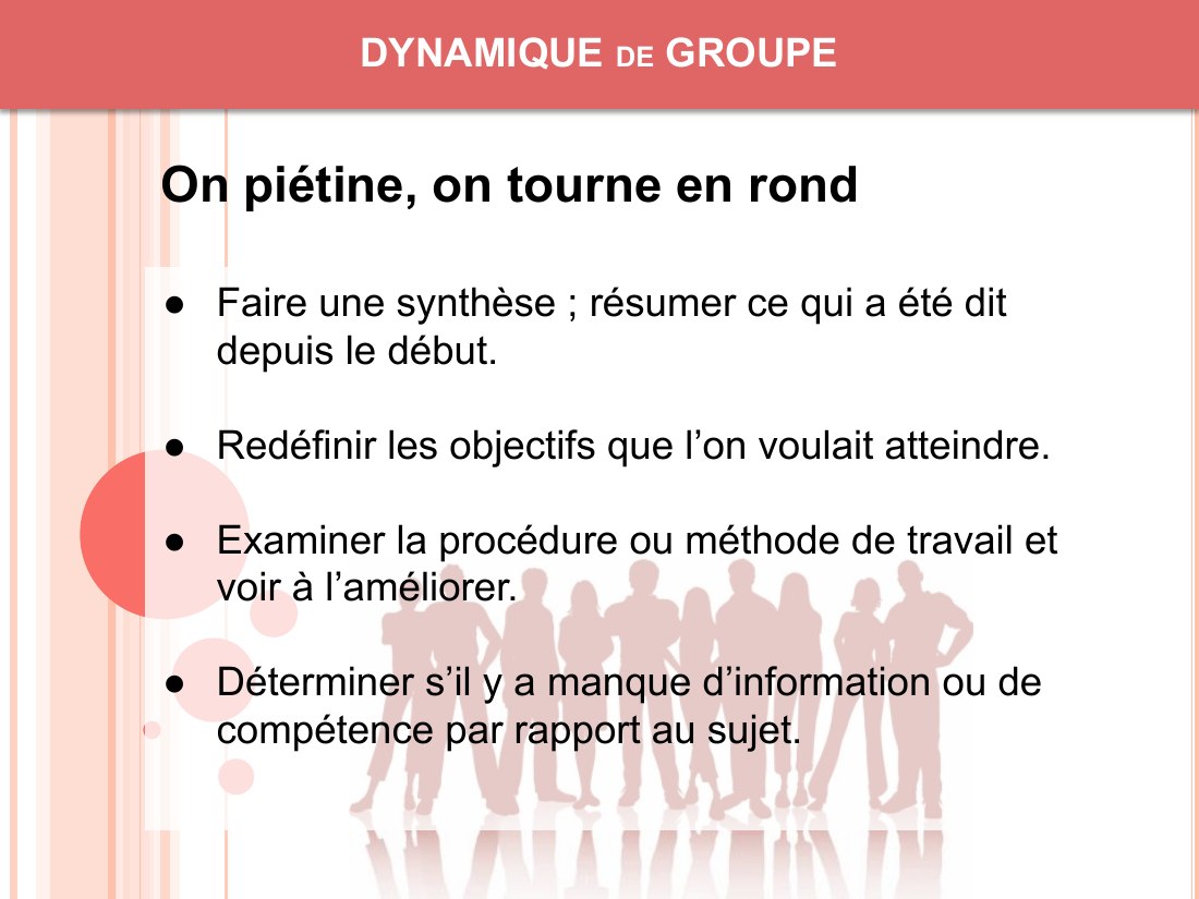 DYNAMIQUE de GROUPE - Faire une synthèse ; résumer ce qui a été dit depuis le début. - Redéfinir les objectifs que l’on voulait atteindre. - Examiner la procédure ou méthode de travail et voir à l’améliorer. - Déterminer s’il y a manque d’information ou de compétence par rapport au sujet. - On piétine, on tourne en rond